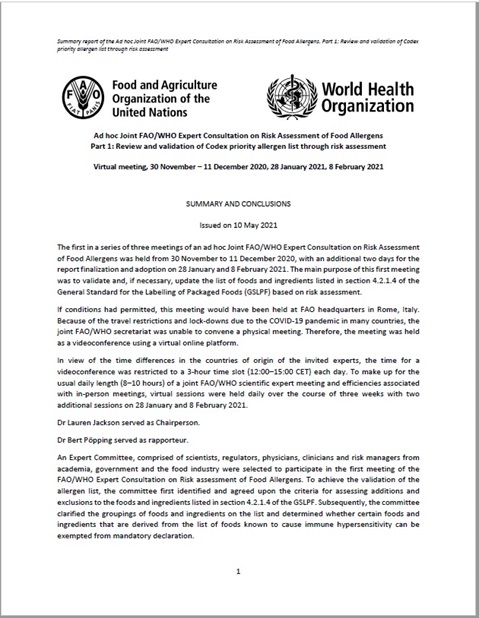 Ad hoc Joint FAO/WHO Expert Consultation on Risk Assessment of Food Allergens Part 1: Review and establish exemptions for the food allergens