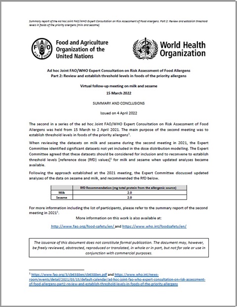 Ad hoc Joint FAO/WHO Expert Consultation on Risk Assessment of Food Allergens Part 2: Review and establish exemptions for the food allergens - milk and sesame