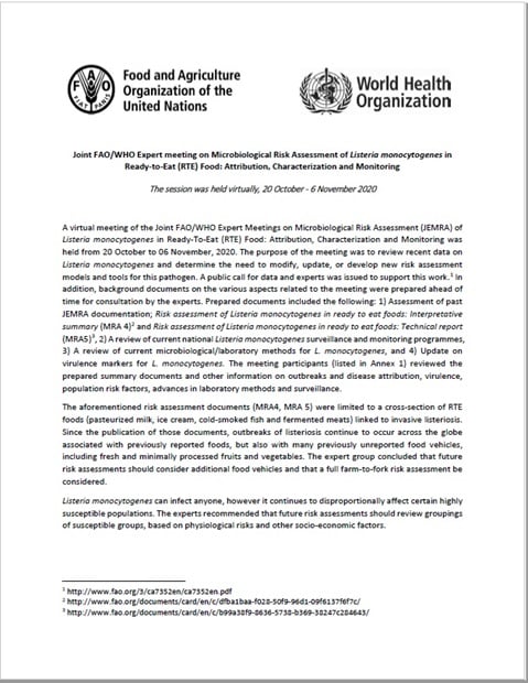 Joint FAO/WHO Expert meeting on Microbiological Risk Assessment of Listeria monocytogenes in 
Ready-to-Eat (RTE) Food: Attribution, Characterization and Monitoring